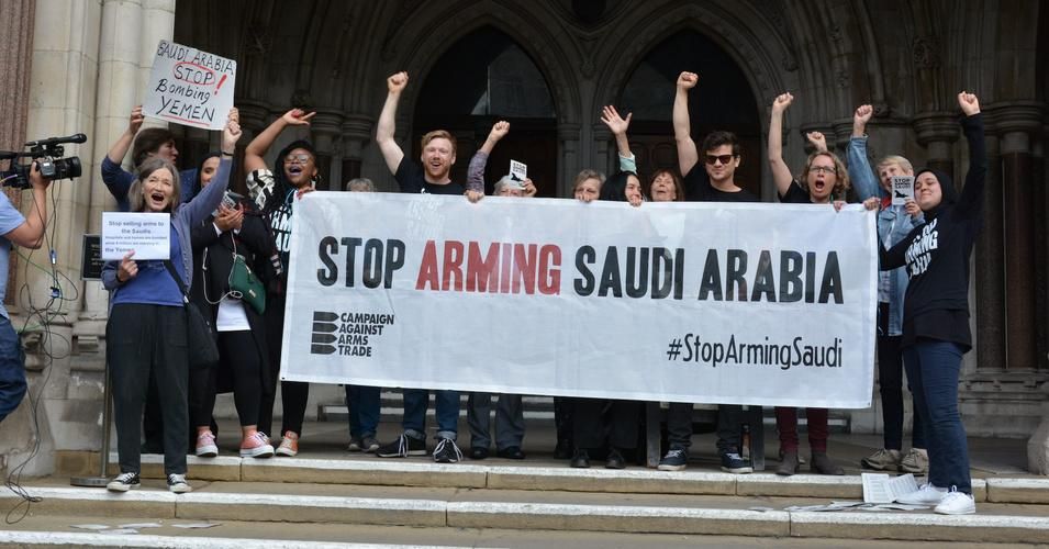Peace activists with the U.K. group Campaign Against Arms Trade protest British arms sales to Saudi Arabia. (Photo: CAAT/Creative Commons)