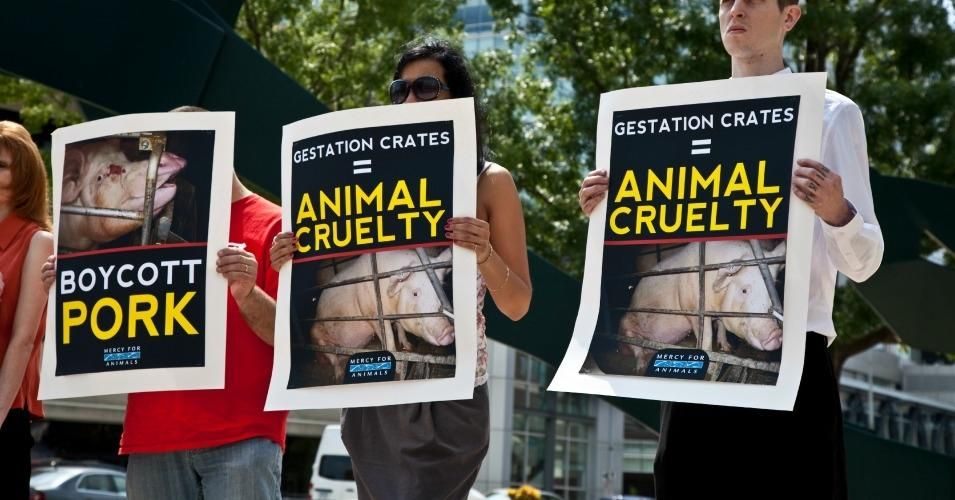 Animal rights supporters hold up signs at a pork expo protest in June 2012. (Photo: Justin Norman/flickr/cc)