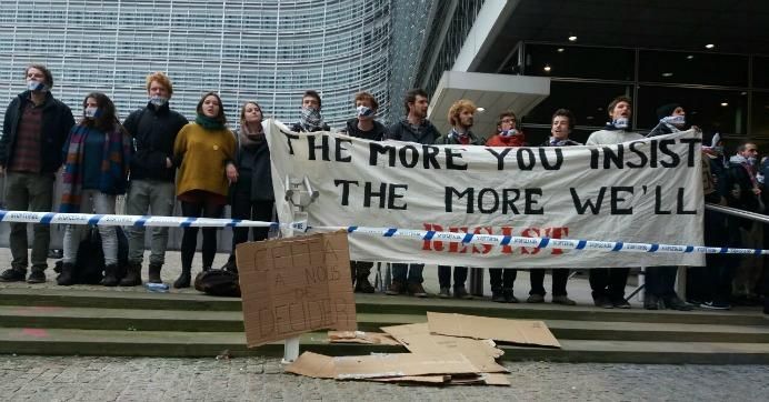 Campaigners protested the Canada-European Union trade agreement outside the European Commission on Thursday. (Photo via Corporate Europe/Twitter)