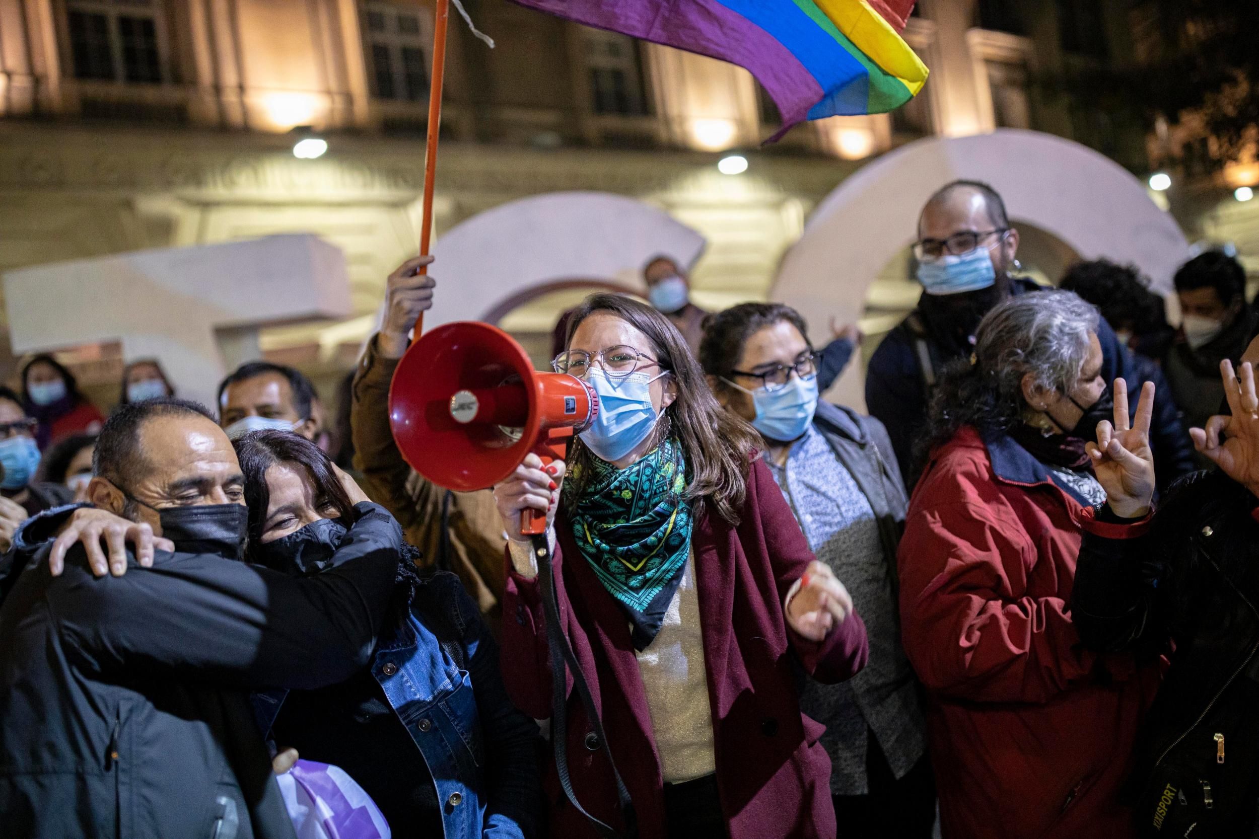 Irací Hassler, the mayor-elect of downtown Santiago, speaks through a megaphone during a celebration in Santiago, Chile on May 17, 2021. (Photo: Felipe Figueroa/SOPA Images/LightRocket via Getty Images)