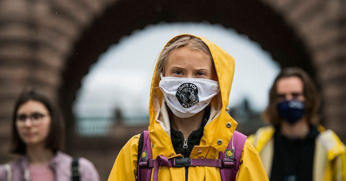 Swedish climate activist Greta Thunberg protests during a "Fridays for Future" protest in front of the Swedish Parliament Riksdagen in Stockholm on October 9, 2020.