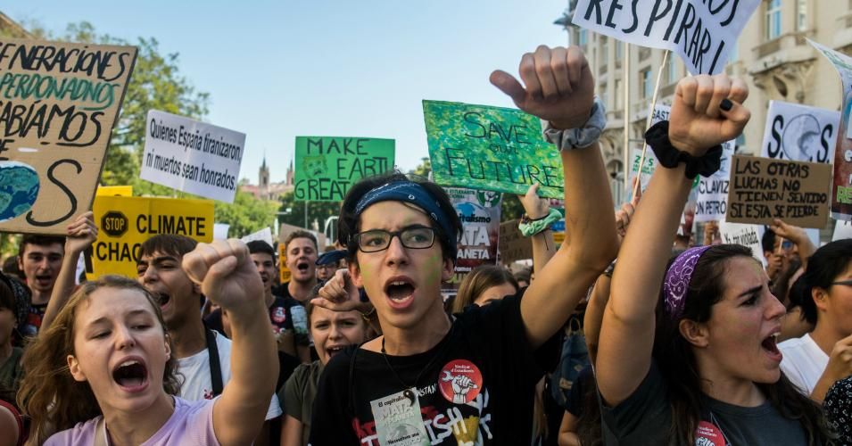 Students protesting during a demonstration on a climate strike day demanding environmental policies on September 27, 2019 in Madrid, Spain.