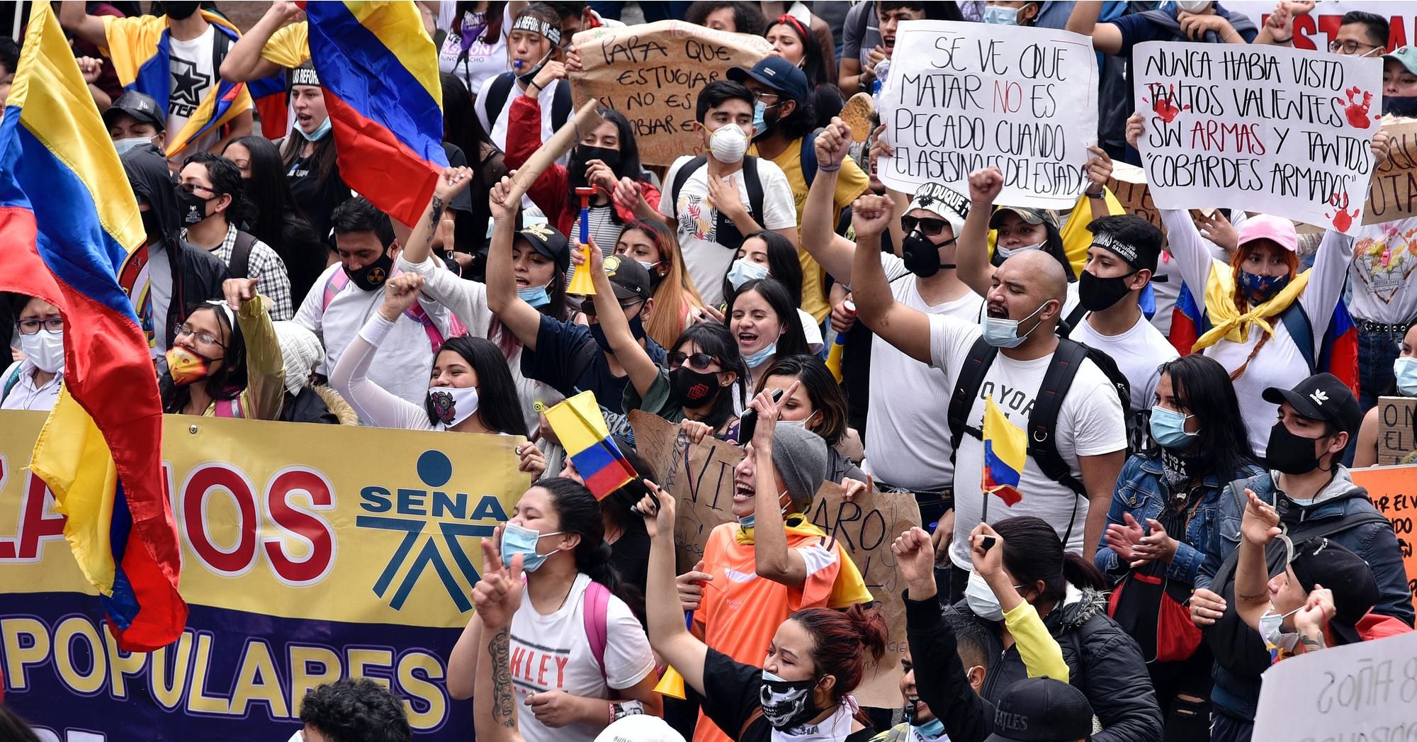 Protesters rally in the Colombian capital Bogotá on May 5, 2021, the eighth day of a national strike that has been brutally repressed by state security forces. (Photo: Guillermo Legaria/Getty Images) 