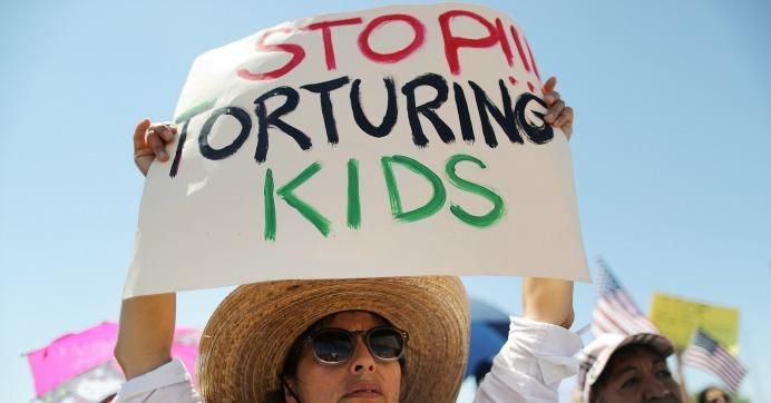 Yvonne Nieves of El Paso, Texas demonstrates in front of the U.S. Border Patrol facility where lawyers reported that detained migrant children were held unbathed and hungry on June 27, 2019 in Clint, Texas. 