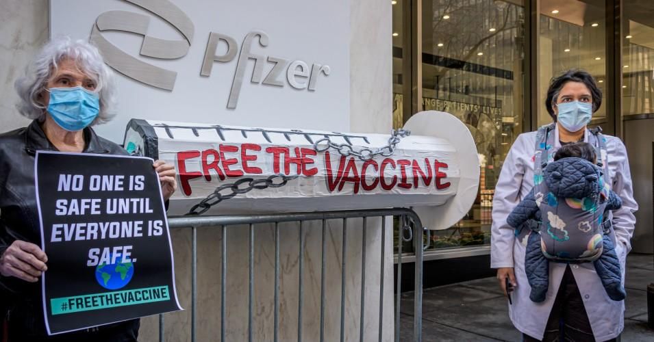A coalition of healthcare advocacy organizations rallied outside Pfizer Worldwide Headquarters in Manhattan on March 11, 2021.