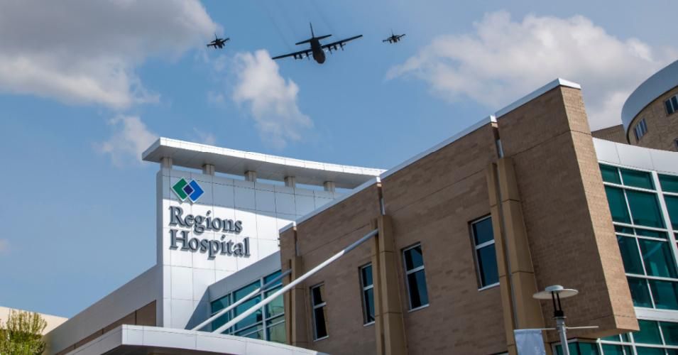 The Minnesota Air National Guard salutes frontline workers at Minnesota hospitals with a flyover in St. Paul. (Photo by: Michael Siluk/Education Images/Universal Images Group via Getty Images)
