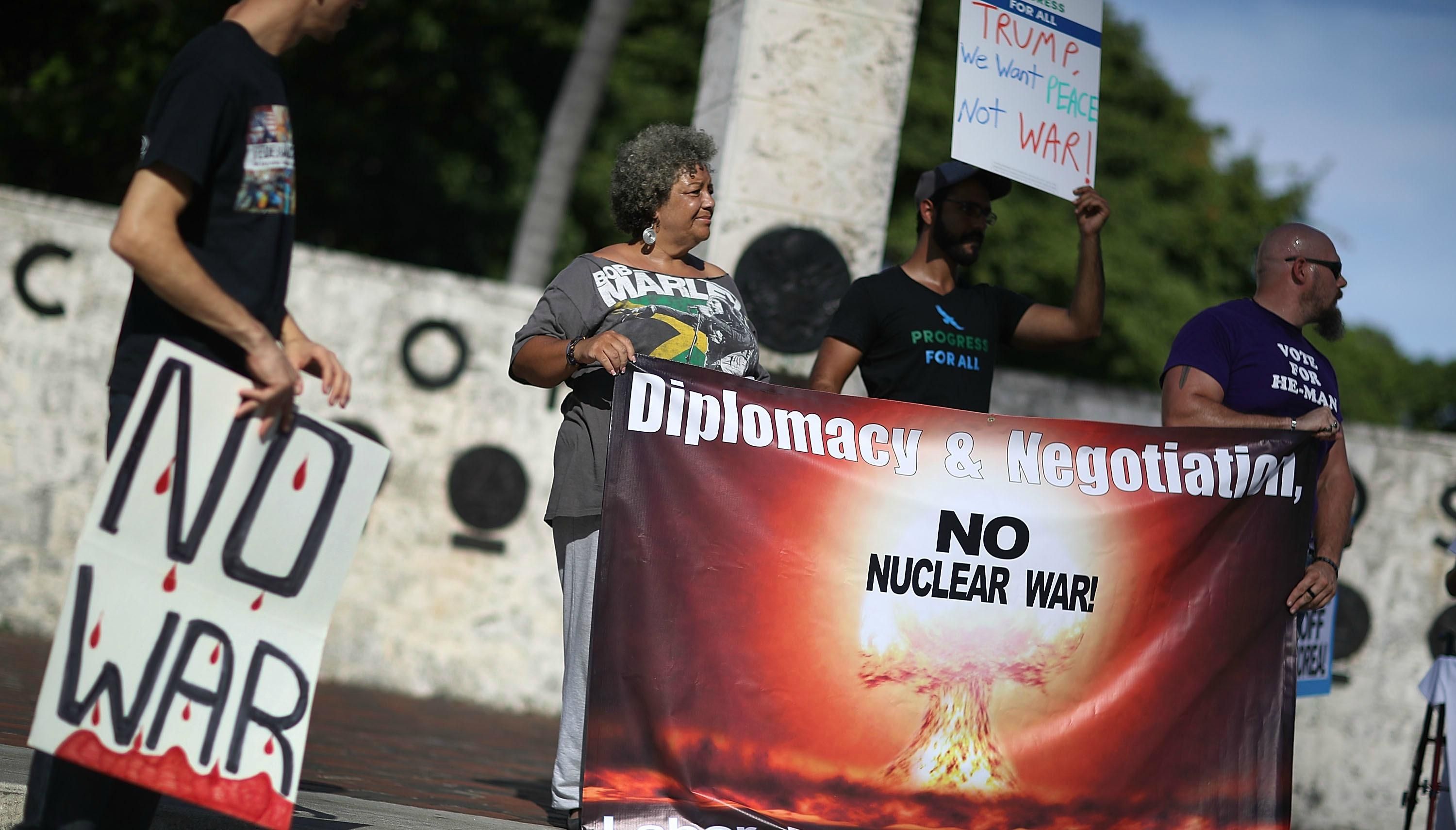Protesters in Florida gathered in Florida earlier this month to demand a diplomatic approach to tensions with Kim Jong-un's regime.
