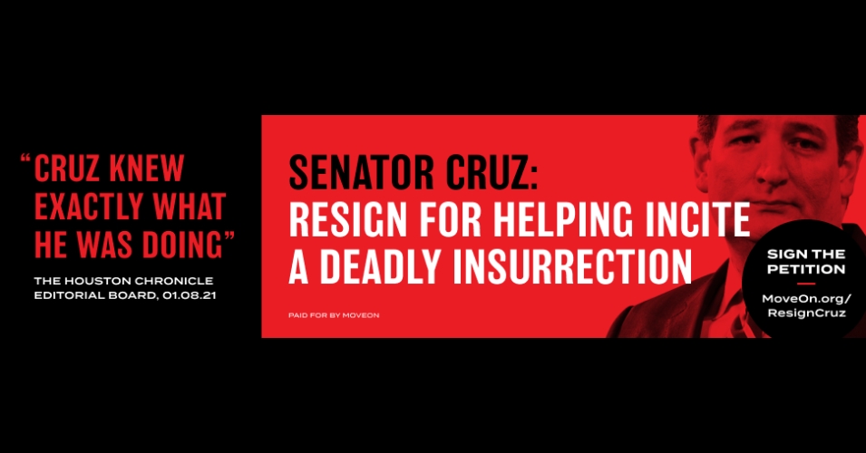 MoveOn Civic Action is running an ad on the Houston Chronicle's homepage calling for the resignation of Sen. Ted Cruz (R-Texas). (Photo: MoveOn)