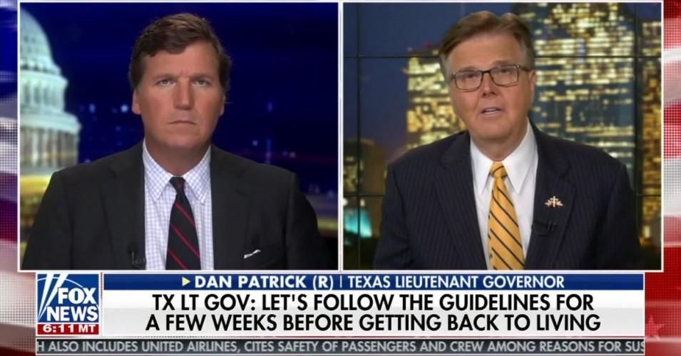 In a March 23, 2020 appearance on "Tucker Carlson Tonight," Texas Lt. Gov. Dan Patrick (R) suggested that reopening the economy was more important than adhering to public health guidelines, even though prematurely lifting coronavirus-related precautions meant exacerbating the deadly Covid-19 pandemic. (Photo: screenshot via Fox News)