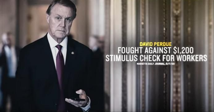 An ad by Georgia Democratic Senate candidate Jon Ossoff criticizes Republican Sen. David Perdue's opposition to $1,200 stimulus checks.