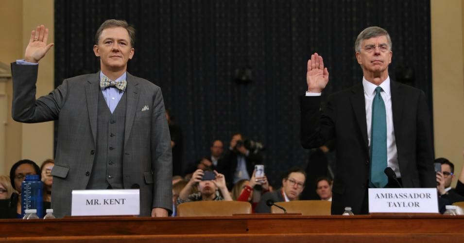 Deputy Assistant Secretary for European and Eurasian Affairs George P. Kent (L) and top U.S. diplomat in Ukraine William B. Taylor Jr. are sworn in before testifying before the House Intelligence Committee in the Longworth House Office Building on Capitol Hill November 13, 2019 in Washington, DC.