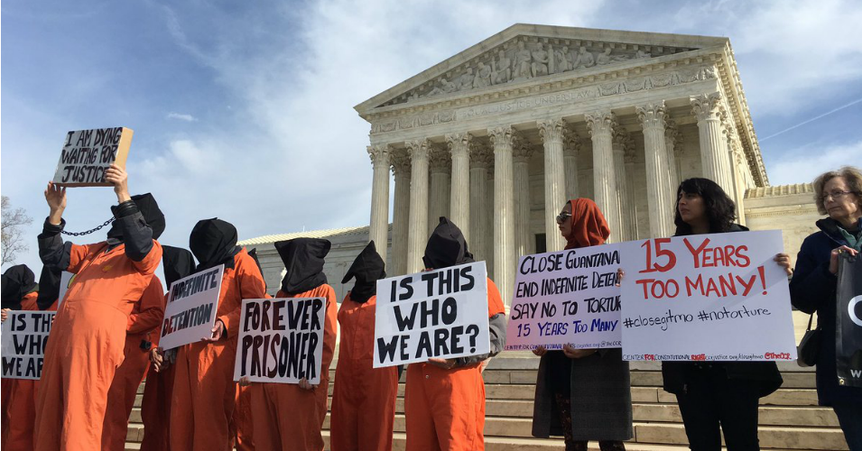 Protesters demonstrate against Guantanamo Bay in front of the Supreme Court on January 11, 2017