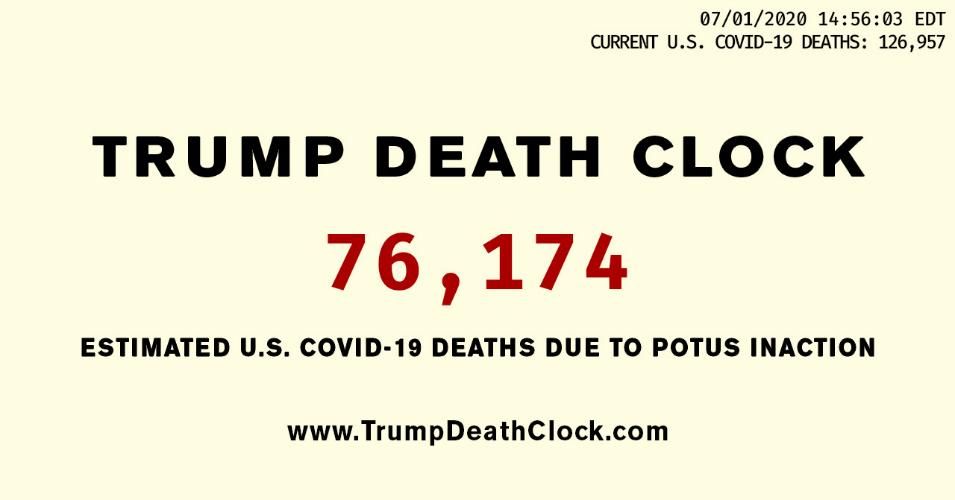 A look the "Trump Death Clock" as it stood on July 1, 2020. The "clock" quantifies the number Covid-19 related deaths that the activists say can be directly attributed to President Donald Trump's delayed response to the coronavirus. As of this writing, the figure stood at 76,895. (Image: Trump Death Clock LLC / Public Citizen)