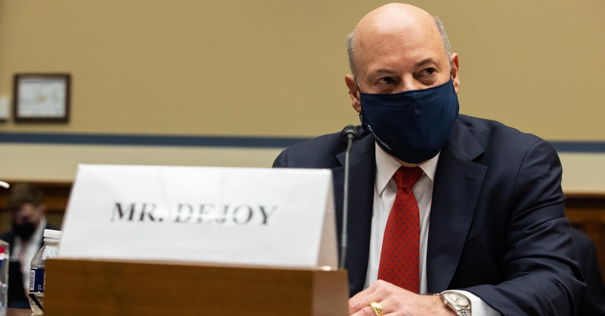 Postmaster General Louis Dejoy speaks during a House Committee on Oversight and Reform hearing on February 24, 2021 on Capitol Hill in Washington, D.C.