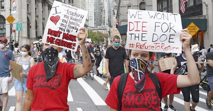 Black Lives Matter, United Federation of Teachers (UFT), the Democratic Socialists of America, and other groups gathered on the National Day of Resistance to protest against reopening of schools and for police-free schools.
