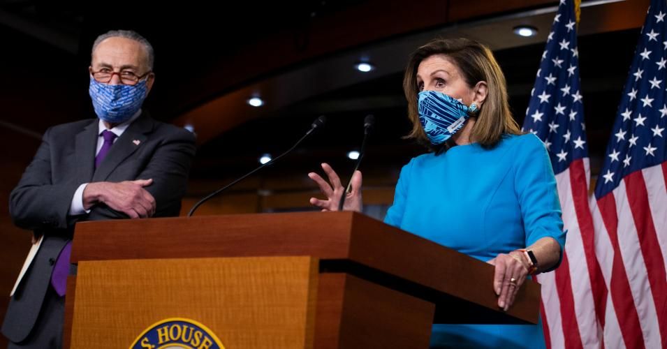 Speaker of the House Nancy Pelosi (D-Calif.) and Senate Minority Leader Charles Schumer (D-N.Y.) are seen after a news conference to discuss the House passed Heroes Act and coronavirus relief legislation in the Capitol Visitor Center on Thursday, November 12, 2020.