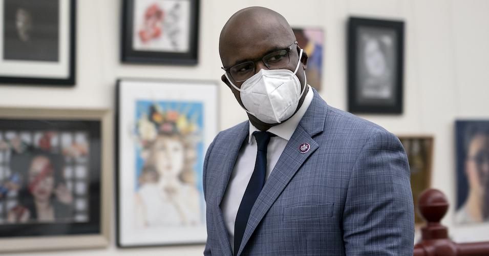 Rep. Jamaal Bowman (D-N.Y.) wears a protective mask while walking through the Canon Tunnel to the U.S. Capitol on January 12, 2021 in Washington, D.C. 