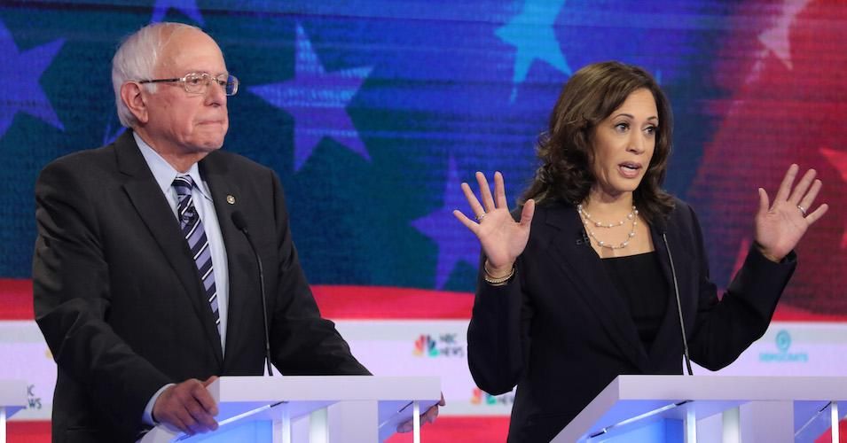 Democratic presidential candidates Sen. Bernie Sanders (I-Vt.) and Sen. Kamala Harris (D-Calif.) take part in the second night of the first Democratic presidential debate on June 27, 2019 in Miami, Florida.