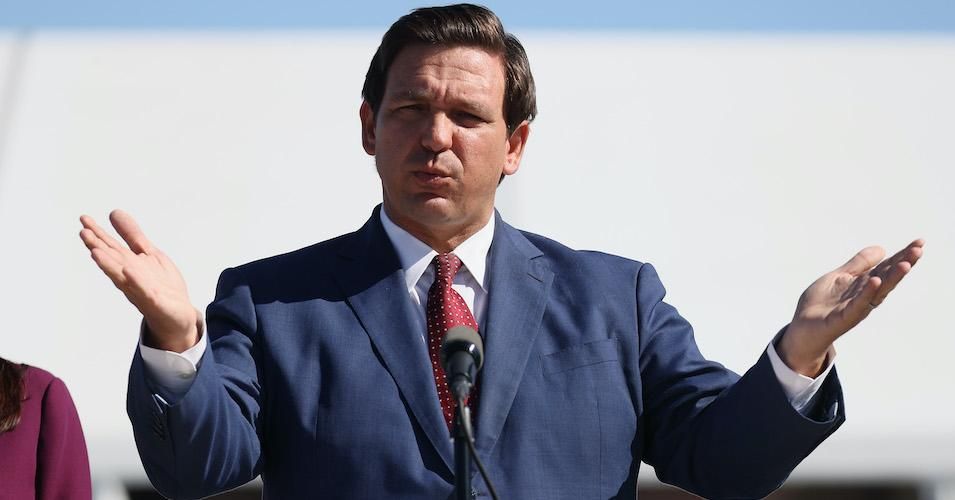 Florida Gov. Ron DeSantis speaks during a press conference about the opening of a Covid-19 vaccination site at the Hard Rock Stadium on January 6, 2021 in Miami Gardens, Florida. (