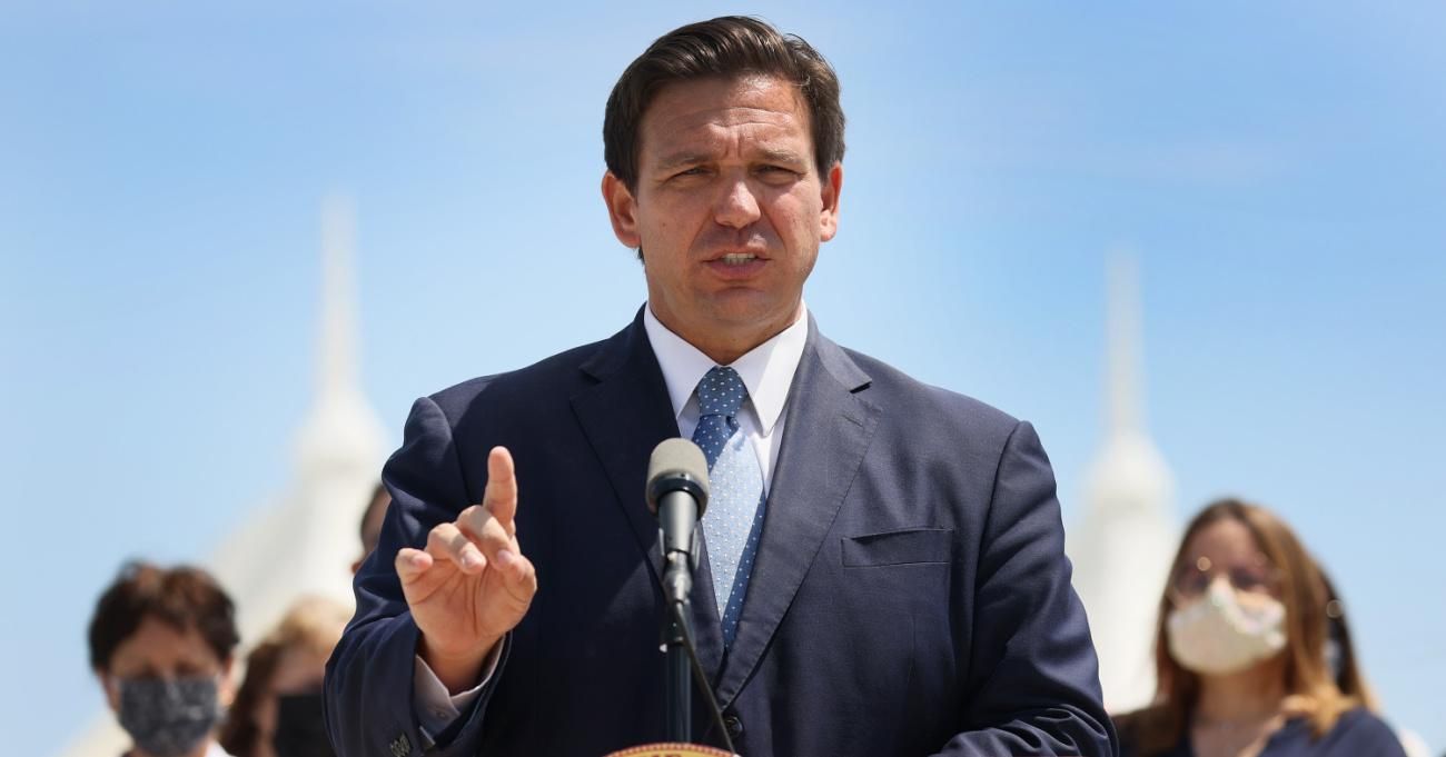 Florida Gov. Ron DeSantis speaks to the media about the cruise industry during a press conference at PortMiami on April 8, 2021 in Miami, Florida.