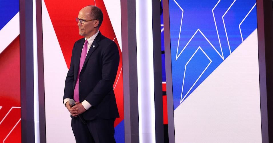 DNC chair Tom Perez stands on stage before the Democratic presidential primary debate at the Charleston Gaillard Center on February 25, 2020.