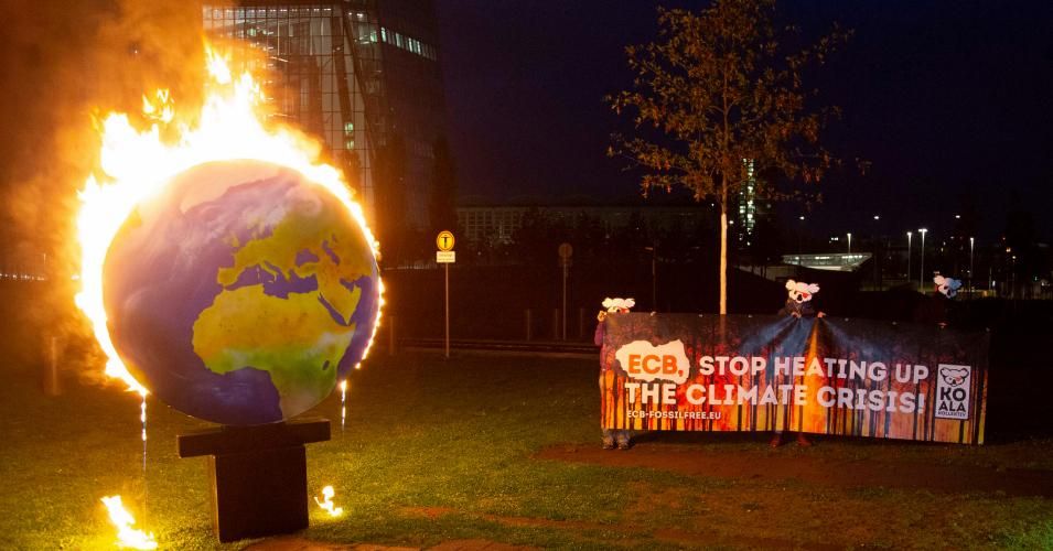 Climate activists staged a protest outside the European Central Bank headquarters demanding that the ECB stop fueling the climate crisis by supporting fossil fuel companies on October 21, 2020. (Photo: Koala Kollektiv) 