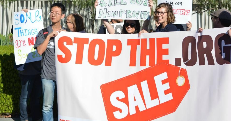 Critics of the proposed private equity takeover of the .org domain held a protest in Los Angeles in January 2020. 