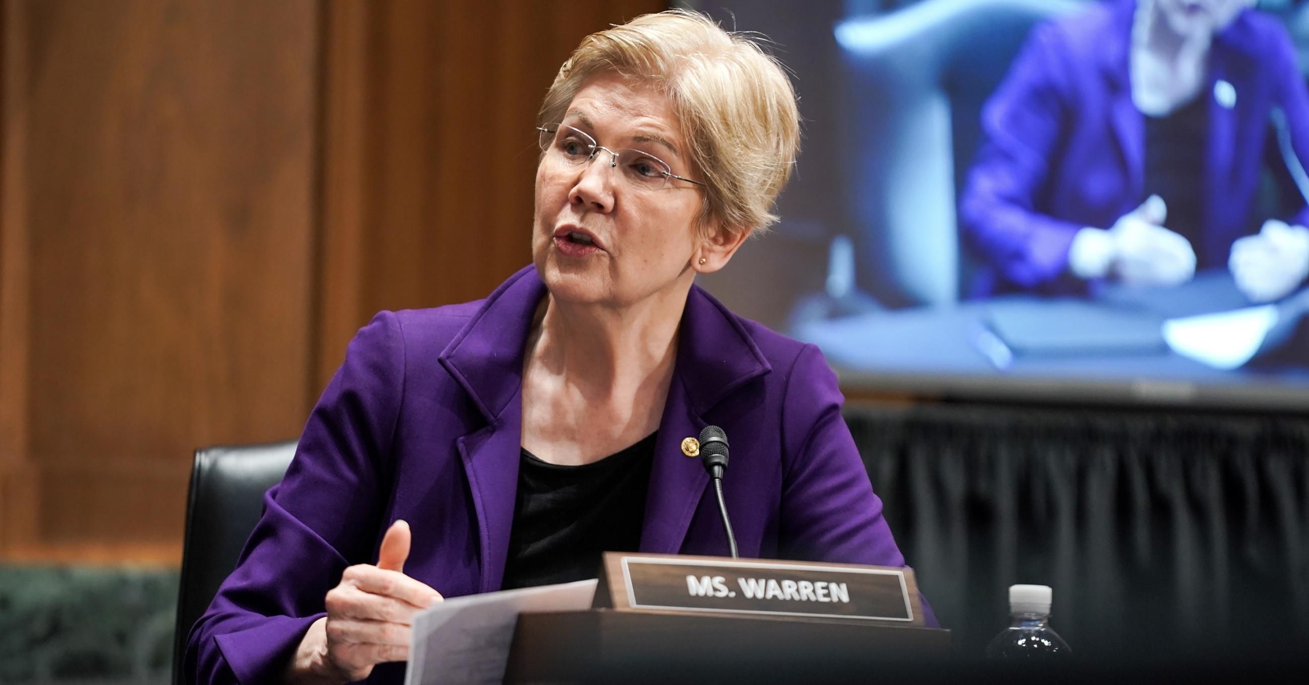 Sen. Elizabeth Warren (D-Mass.) speaks during a Senate Finance Committee hearing on February 23, 2021 in Washington, D.C.