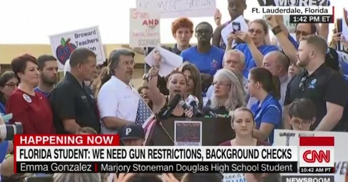  Stoneman Douglas High School student Emma Gonzalez shakes the papers with her prepared remarks as she speaks Saturday afternoon at a rally for gun control in Ft. Lauderdale, Fla. (Photo: screengrab from CNN video)