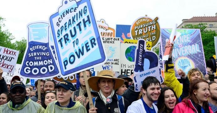 Demonstrators march during the March for Science in Washington D.C. on April 22, 2017. 