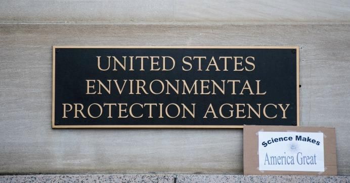 A protester left a "Science Makes America Great" sign in front of the Environmental Protection Agency during the Science March in Washington on Earth Day, Saturday, April 22, 2017.