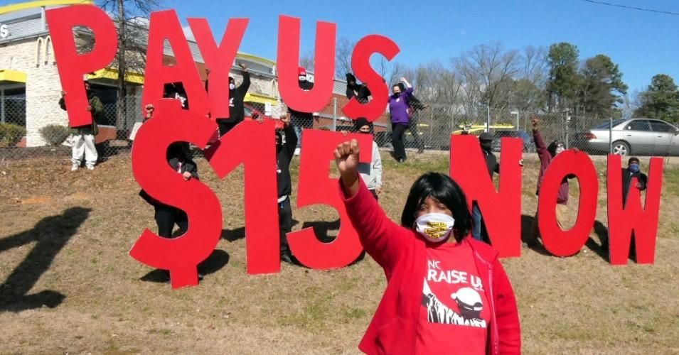 Workers in Durham, North Carolina go on strike to demand a $15 minimum wage on February 16, 2020. 