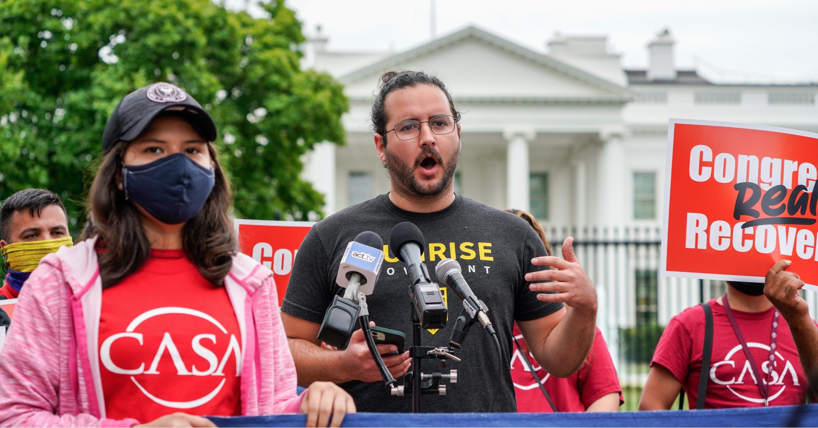 Sunrise Movement activist Evan Weber speaks at a demonstration pressuring President Joe Biden to not compromise on election promises regarding the climate emergency, healthcare, jobs, and social justice on May 24, 2021 in Washington, D.C. (Photo: Jemal Countess/Getty Images for Green New Deal Network)