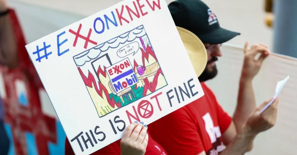 Protesters gathered outside ExxonMobil's annual shareholder meeting in May 2019. 