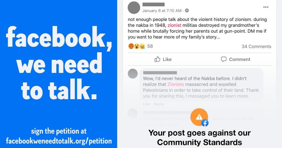 "Facebook must stop harming and silencing Palestinians living under apartheid and start cracking down on white supremacist groups—like the Proud Boys—that have used their platform as a recruitment site," said Lau Barrios of MPower Change. (Photo: Jewish Voice for Peace via Twitter)