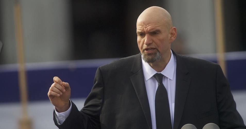 Lieutenant Governor John Fetterman (D-Pa.) delivers an introduction for Governor Tom Wolf during an inaugural ceremony on January 15, 2019 in Harrisburg, Pennsylvania.