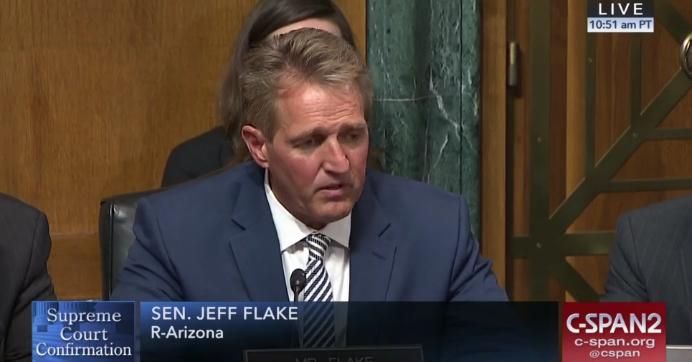 Sen. Jeff Flake (R-Ariz.), during a Senate Judiciary Committee hearing on Friday, demanded a one-week delay on a full chamber vote so the FBI can probe sexual assaul allegations against U.S. Supreme Court nominee Brett Kavanaugh.