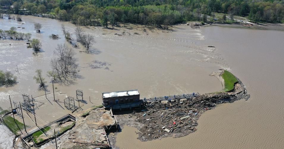Aerial view of the dam that the Tittabawassee River breached on May 20, 2020 in Sanford, Michigan.