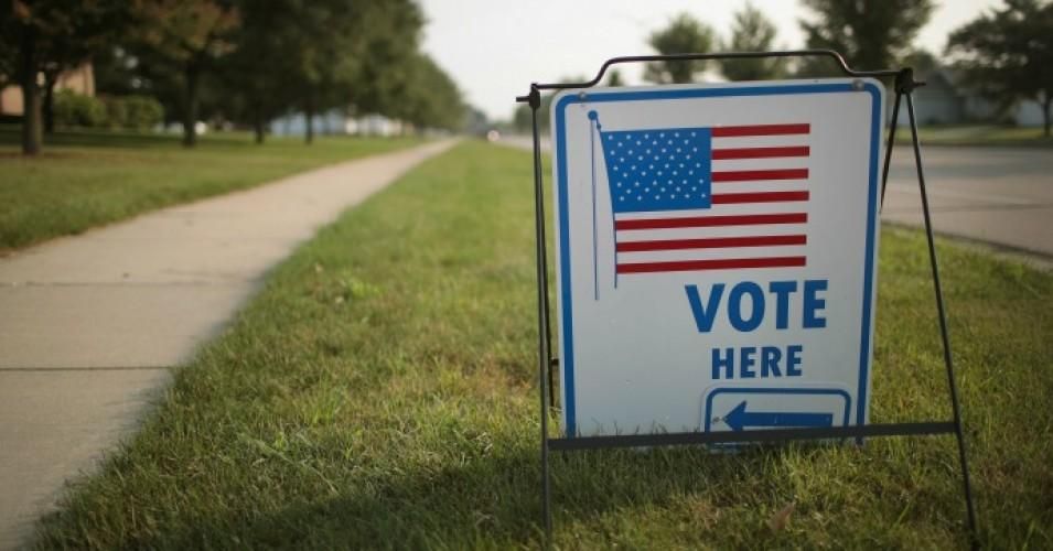  A sign marks the location of a polling place on August 14, 2018 in Janesville, Wisconsin. 