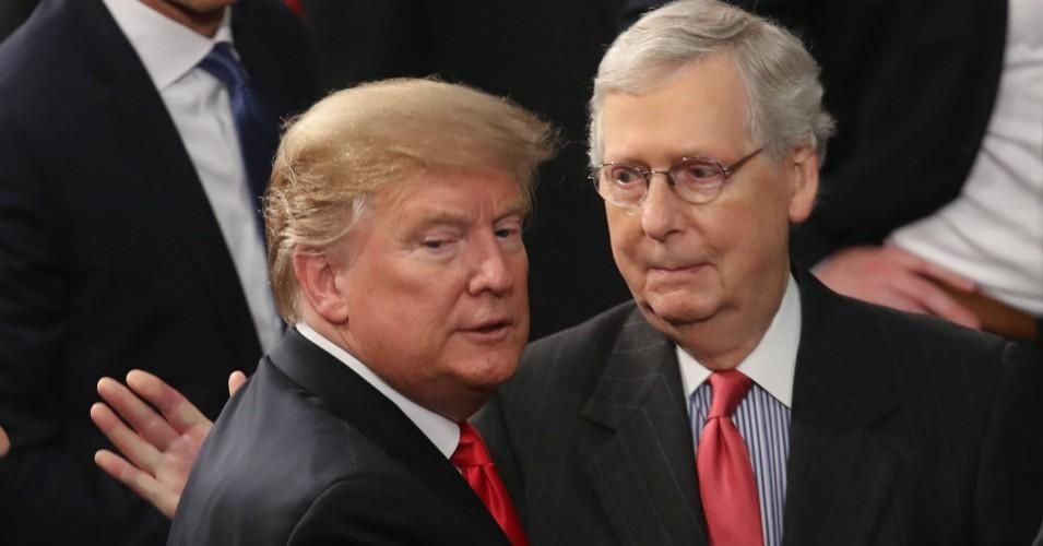 President Donald Trump greets Sen. Mitch McConnell (R-Ky.) after the State of the Union address on Feb. 5, 2019.