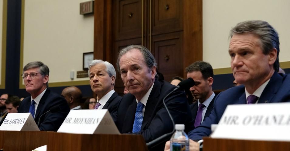 Michael Corbat, chief executive officer of Citigroup Inc., Jamie Dimon, chief executive officer of JPMorgan Chase & Co., James Gorman, chief executive officer of Morgan Stanley, and Brian Moynihan, chief executive officer of Bank of America Corp., listen during a House Financial Services Committee hearing on April 10, 2019 in Washington, D.C. (Photo: Alex Wroblewski/Getty Images)