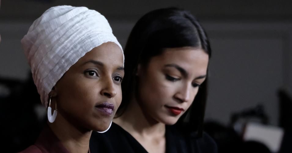 Reps. Ilhan Omar (D-Minn.) and Alexandria Ocasio-Cortez (D-N.Y.) conduct a news conference in the Capitol Visitor Center responding to negative comments by President Donald Trump that were directed at the freshmen House Democrats on Monday, July 15, 2019. (Photo: Alex Wroblewski/Getty Images)