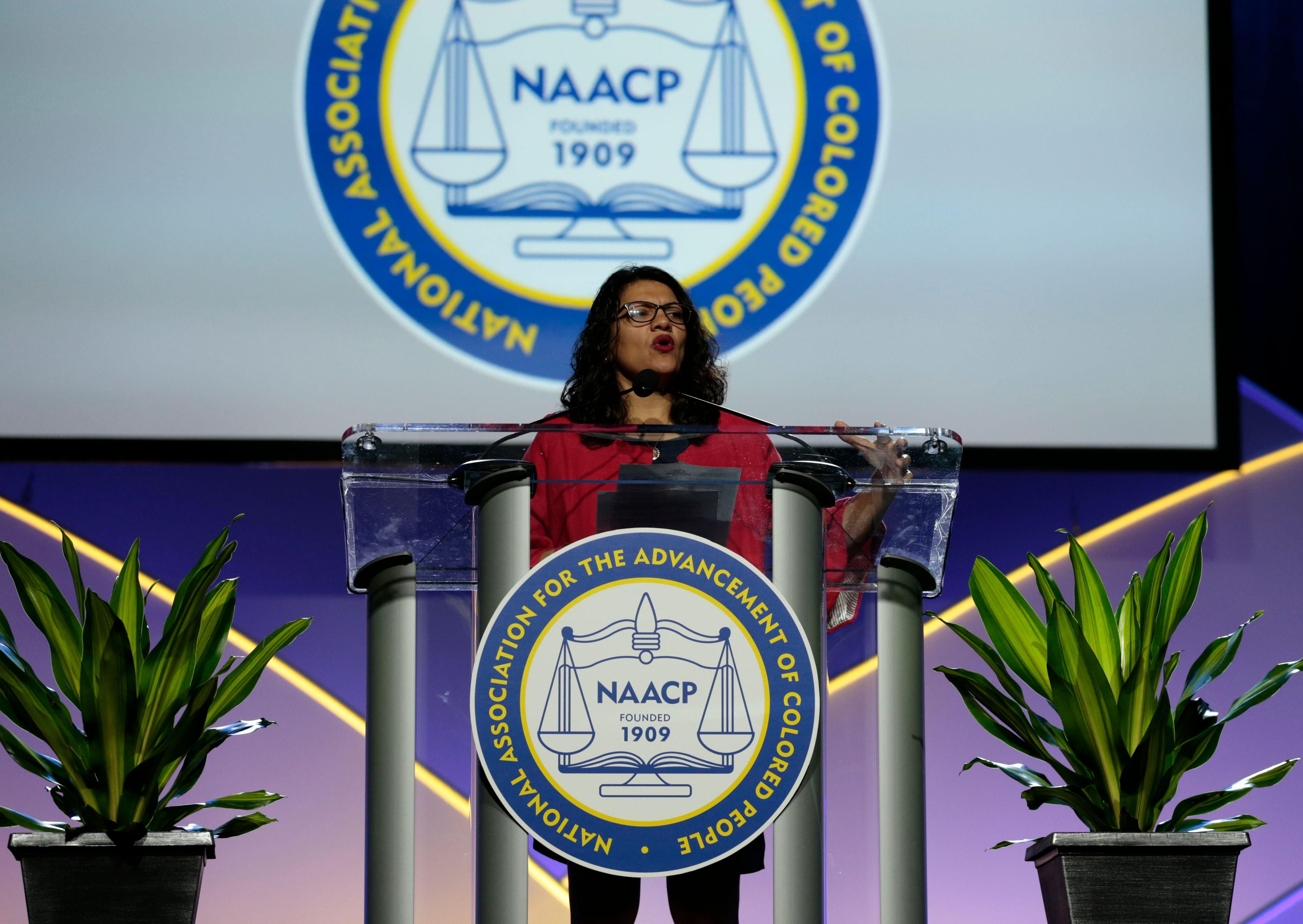 Rep. Rashida Tlaib (D—Michigan) addresses the NAACP's (National Association for the Advancement of Colored People) 110th National Convention at Cobo Center in Detroit, Michigan on July 22, 2019. (Photo: Jeff Kowalsky/AFP/Getty Images)