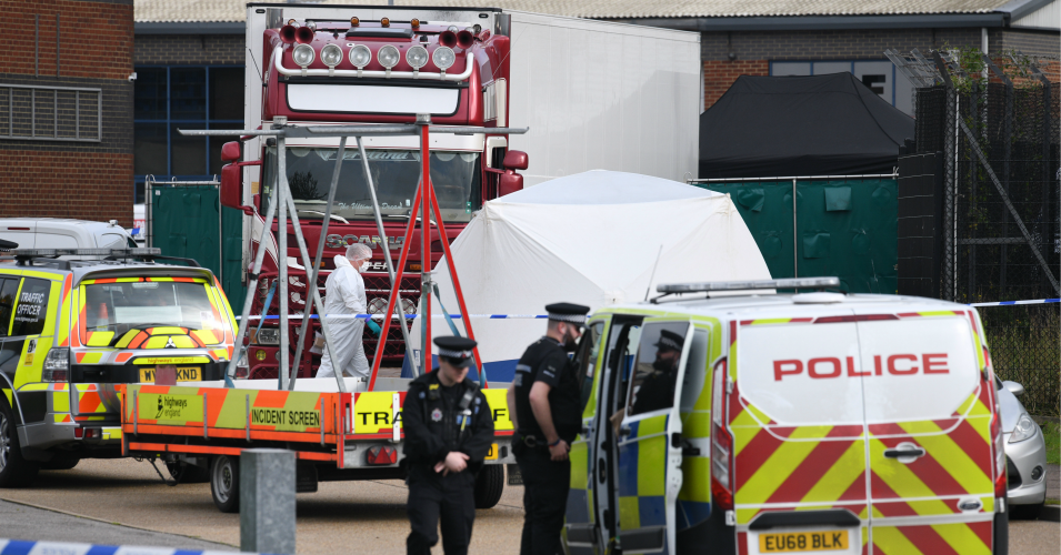 Police investigate a truck at an industrial park in the United Kingdom