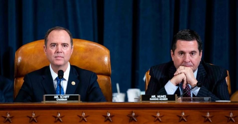 Committee Chairman Rep. Adam Schiff (D-Calif.) and Ranking Member Rep. Devin Nunes (R-Calif.) listen to Gordon Sondland, the U.S ambassador to the European Union, testify before the House Intelligence Committee in the Longworth House Office Building on Capitol Hill November 20, 2019 in Washington, DC.