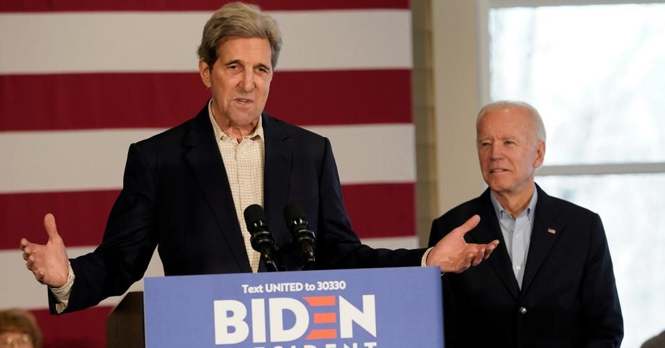 Then a Democratic presidential candidate, former U.S. Vice President Joe Biden campaigned with former Secretary of State John Kerry on December 6, 2019 in Cedar Rapids, Iowa. (Photo: Win McNamee/Getty Images)
