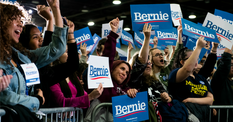 Supporters cheer in the crowd during a campaign rally for Democratic presidential candidate Sen. Bernie Sanders (I-Vt.) 