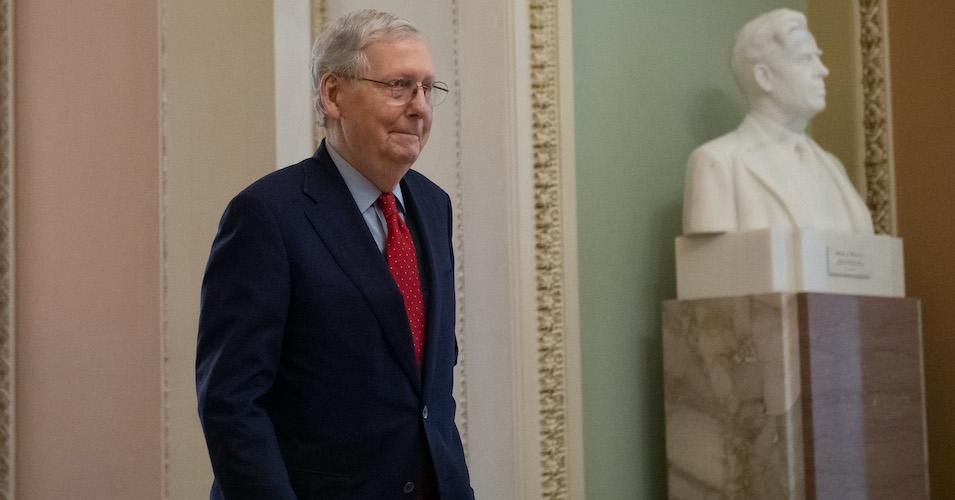 Senate Majority Leader Mitch McConnell arrives for a pro forma session at the U.S. Capitol on April 21, 2020.