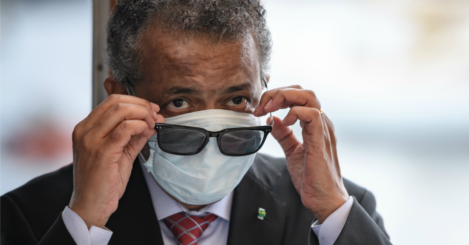World Health Organization Director-General Dr. Tedros Adhanom Ghebreyesus wears a mask after leaving a ceremony of the restarting of Geneva's landmark fountain, "Jet d'Eau," on June 11, 2020. (Photo: Fabrice Coffrini/AFP via Getty Images)