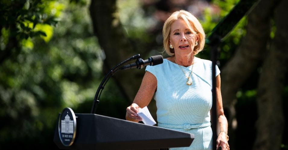 Secretary of Education Betsy DeVos during an event in the Rose Garden at the White House on Thursday, July 9, 2020 in Washington, D.C.